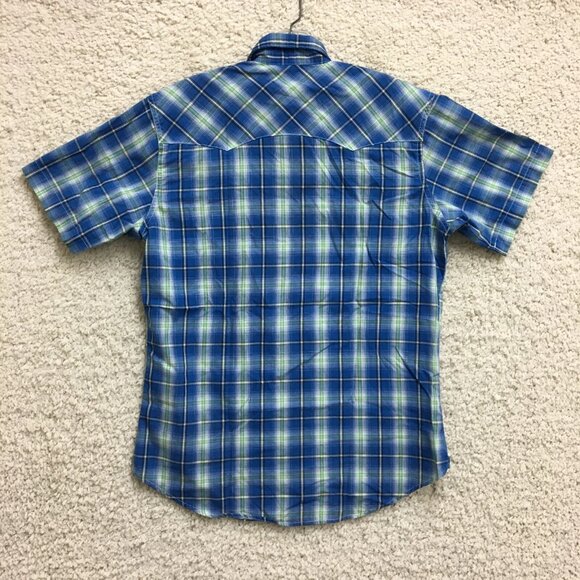Wrangler Button Up Shirt Medium Men Blue Plaid Pearl Snap Pockets Western Cowboy - Picture 2 of 8